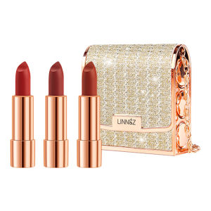 Matte ลิปสติกชุด 3 สี Silver Chain Shining กระเป๋ากันน้ํา Non-Stick Long Lasting Red Lip แต่งหน้า 3.5g x 3pcs
