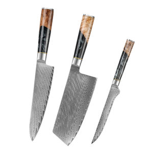 3 Pieces Damascus Steel Kitchen Knife Collection Sharp Chef Cleaver Boning Knife Wear-resistant Handle Cooking Knives for Home