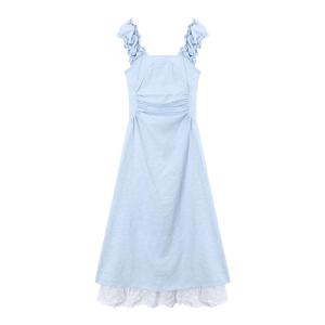 Kumikumi Vacation Style Blue Lace Dress Womens Summer Fake Two-Piece Age-Reducing Cutout A- line Skirt Large Swing Skirt