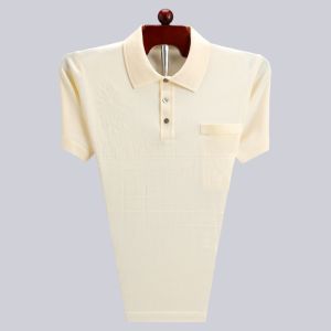 เสื้อยืดแขนสั้นผ้าไหมลายจุดสีแดงสำหรับงานแต่งงาน ฤดูร้อน วัยกลางคนและผู้สูงอายุ เสื้อเชิ้ตผู้ชายแบบลำลอง สีพื้น ปกโปโล