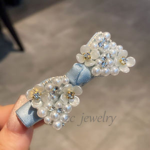 South Korea Heavy Industry Light Blue Pearl Shining Diamond Bow Edge Clip Niche Style Ins Side Cropped Hair Clip Hairpin New Hair Accessories