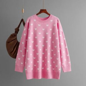 Autumn Winter Womens Knit Pullovers Heart Print O-Neck Basic Vintage Casual Tops Jumper Thick Warm Sweaters for Women Clothing