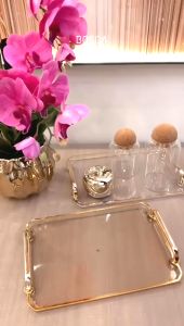 Bosca Living - Vive Nordic Tray / Nampan Tray Persegi Panjang / Nampan Transparan Akrilik / Nampan Gold Mewah Hiasan Dekorasi / Tray Serbaguna Tatakan dengan Handle