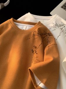 New Chinese Style Heavyweight Bamboo T-Shirt Mens Summer Coffee Color American Retro 7 Half Sleeve round Neck Casual Top