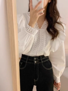 Thesummernade เสื้อเชิ้ตแขนยาว คอวี พิมพ์ลายลูกไม้ แฟชั่นบอททอม สไตล์เกาหลี สําหรับผู้หญิง BB012