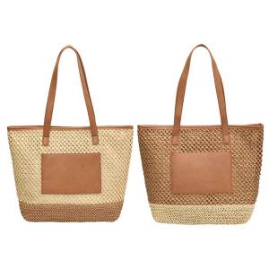 กระเป๋าถือโครเชต์ชายหาดสำหรับผู้หญิงกระเป๋าสำหรับทุกๆวันฤดูร้อนของผู้หญิงกระเป๋าทรงสี่เหลี่ยมมีหูหิ้วสะพายไหล่เรียบง่ายความจุกระเป๋าสะพายขนาดใหญ่งานปะ PU