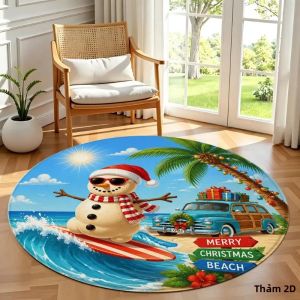 Thảm Tròn Giáng Sinh VIKAMA Người Tuyết Lướt Sóng Trên Cây Cọ Vintage Van Giáng Sinh Vui Vẻ Thảm Trải Sàn Trong Nhà Chống Trượt Để Trang Trí Phòng Khách