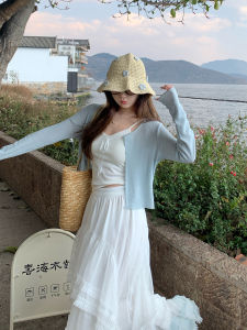 Blue Knitted Open Cardigan Womens Spring Autumn Thin Outerwear with Strap Small Cover up Top Sensation Long Sleeve round Neck