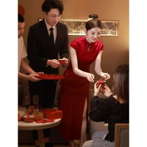 ชุดกี่เพ้าเจ้าสาว ฤดูร้อน 2023 ชุดกี่เพ้าจีนแบบใหม่ คอรูปหยดน้ำ ชุดแต่งงานสุดหรู ชุดกี่เพ้าสีแดง ชุดกี่เพ้าจีน ชุดกี่เพ้า