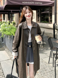 Brown Green Long Leather Jacket Womens 2025 Autumn New Large Female PU Leather Jacket Vintage Style Commute Loose Fit