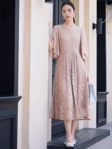 Elegant Lace Long Dress Womens Slim Fit round Neck Skirt Splice Chiffon Slimming Long Dress Korean Style Commute Dress