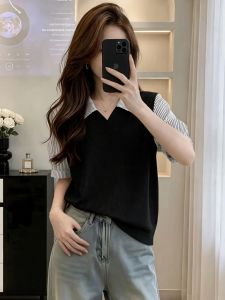 Áo Polo Sọc Giả Hai Mảnh Tay Ngắn Giảm Cân
