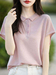 French Polo Neck Knitted Short Sleeve T-Shirt Women Lightweight Breathable Loose New Flying Sleeve Top Collar T-Shirt