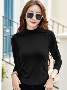 เสื้อยืดคอวีทรงสลิมฟิตแบบสวมหัวสำหรับผู้หญิงในฤดูใบไม้ร่วงและฤดูหนาว เสื้อเชิ้ตแขนยาวแบบสวมใส่สบาย ความหนาพิเศษ ลายสีดำ เสื้อชั้นในสำหรับผู้หญิง