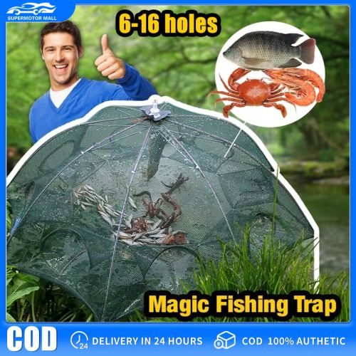 【COD/Original】Magic Fish Trap-Portable Fishing Net, Crab Fish Trap, Foldable Fishing Bait Trap Cast Net Cage with Nylon Rope for Catching Small Bait Fish Eels Catch Fish Crab Lobster Minnows Shrimp Cast Mesh 8 holes