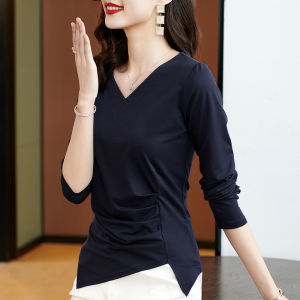 Womens Pure Cotton Long Sleeve T-Shirt V-Neck Spring Autumn Base Shirt Black Top Large Size Irregular Hem Commute Style Slim Fit