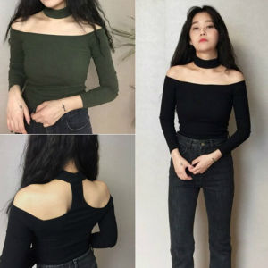 ฤดูใบไม้ผลิใหม่ผู้หญิงเสื้อยืดแขนยาว One-Word COLLAR ผ้าฝ้าย SLIM FIT ศิลปะการเดินทางสไตล์สําหรับเยาวชนแฟชั่น