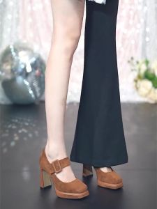 French Retro Solid Color Single Shoes Womens Autumn New Suede Square Toe Buckle Platform Block Heel Fashion High Heels