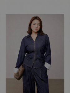 Retro Design Faux Denim V-Neck Double Zipper Waist-cinching Shirt Jacket