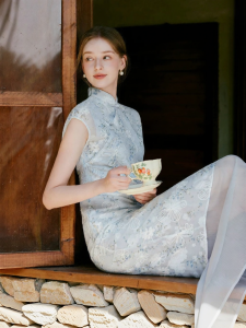 XIANGYING | New Chinese Style Cheongsam Dress Blue Stand-collar Dress