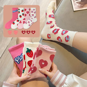 Simple Cute Tube Socks Pink Love Heart Flower Pattern Letter Print Socks for Women Girls Casual Harajuku Kawaii Long Sock