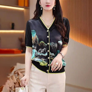 Black V-Neck Single Button Knitted Short Sleeve Ice Silk T-Shirt Womens Summer New Style High Sensation Color Block plus Size