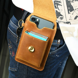 Retro Top Layer Cowhide Phone Bag Mad Horse Leather Mens Belt Waist Bag Multi-Function Crossbody Hip Hanging Pouch