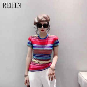 สีรุ้ง เสื้อฤดูร้อนแฟชั่นตาข่ายยอดนิยม เสื้อยืดผู้หญิง เสื้อคอกลม ถูกมาขึ้นด้วยราคาถูกวัน