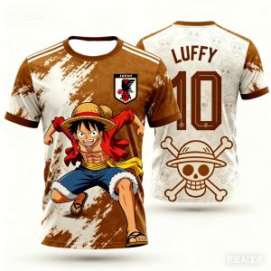 Bandai | One Piece Luffy Soccer Jersey T-shirt Childrens Soccer Shirt Round Neck Breathable Kids and Adults Outdoor Sports T-shirt