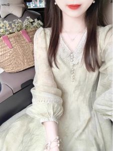 plus Size French Style V-Neck Tea Break Dress Womens Long Sleeve Commute Dress Slimming A-Line Skirt Orange Bellflower