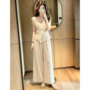 Shalldoer | Mature and Graceful Style Womens Suit 2-Piece Set V-Neck and Waist-Accentuated Sleeveless Top with Pants Summer New Arrival