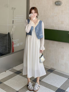 Soft Style Fashionable Womens Dress Set in Beige Two-Piece High Waist A-Line Skirt Long Sleeve V-Neck Casual Autumn New Arrival