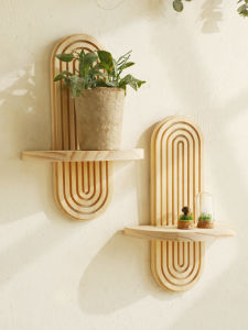 1Pc Boho Style Wooden Wall Shelves - Geometric Wall Mounted Shelves Natural Wood Finish Modern Home Decor Plant Decorative