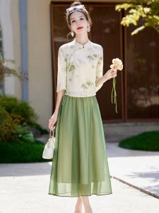 New Summer Chinese Style National Trend Improved Cheongsam Two-Piece Set Floral Print Womens Dress Slimming Skirt Ensemble