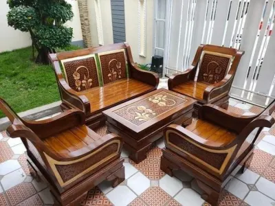 kursi tamu minimalis lengkap dudukan sofa dan bantal peluk bahan full kayu jati desain modern elegan