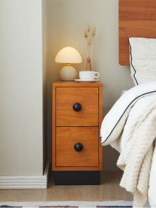 Ultra-Narrow Mid-Century Modern Cherry Wood Bedside Table High-Style Minimalist Wooden Storage Cabinet for Adult Bedroom