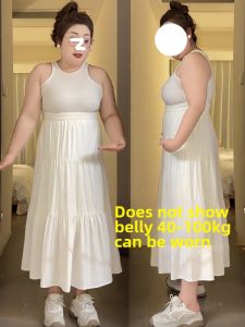 กระโปรงสีขาวไซส์ใหญ่สำหรับสาวอวบกระโปรงทรงเอคลุมท้องเอวสูงทรงลูกแพร์ทิ้งตัวได้ดีใส่ช่วงฤดูร้อนสำหรับผู้หญิงกระโปรงยาวเย็บติดกัน