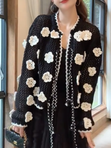 QINGNAER | Vintage French Crochet Knit Cardigan Unique Sweater Jacket XL