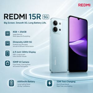 Redmi | Redmi 15R 5G Smartphone 8GB+256GB Dimensity 6300 6nm 120Hz Large Screen 6000mAh Battery 33W Charge Slim 7.99mm Body