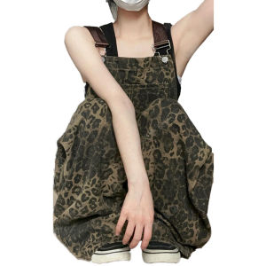 Retro American Leopard Print Overalls Women Summer New Loose Straight Street Denim Wide Leg Workwear Pants Trendy Casual Jeans
