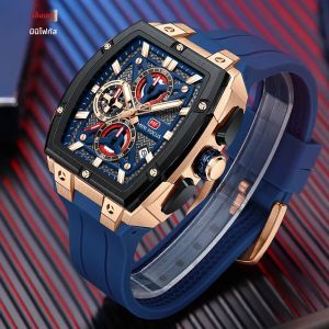 MINI FOCUS นาฬิกาสปอร์ตสําหรับผู้ชาย Blue Luminous กันน้ํานาฬิกาข้อมือควอตซ์โครโนกราฟพร้อมสายซิลิโคน Tonneau Dial Date