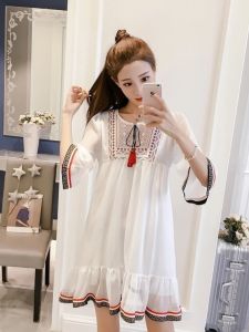 Embroidered Short Loose Summer Dress Korean Style round Neck A-Line Skirt for Holiday Beach Womens Fashion Spring Autumn Winter