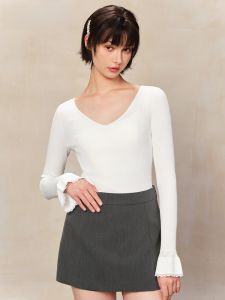 TAMMY TANGS | Sugar Power Long Sleeve V Neck Knitted Top Womens Slim Fit Base Layer Shirt Office Style Soft Fabric White Color Spring Season