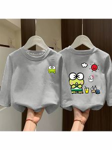 Adorable Big Eye Frog Print Cotton Long Sleeve Baby T-Shirt Loose Fashionable Base Shirt for Children All Seasons Wear