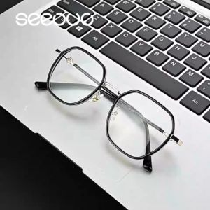 Seeouo Frame Kacamata Plano Bisa Minus Photocromic Bluecromic Fashion Style Kotak TR+Metal Pria dan Wanita Trendy 11901