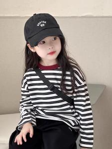 Girls Striped Long Sleeve T-Shirt Color Block Loose Korean Style Base Shirt Breathable Cotton Spring Autumn Winter Kids Clothes