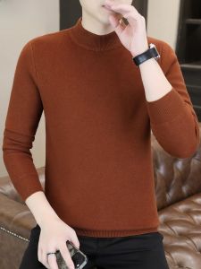 HENGYUANXIANG | High-End Knitted Sweater Mens Half High Collar Autumn Winter Thickened Integrated Fleece Mens Fashionable Knitted Base Shirt