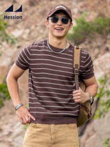 HESSION | Retro Linen Stripe Short Sleeve Knit T-Shirt