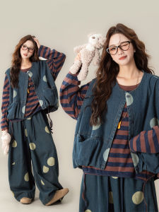 Áo Gile Jean Vintage Chấm Bi Dễ Thương Mới