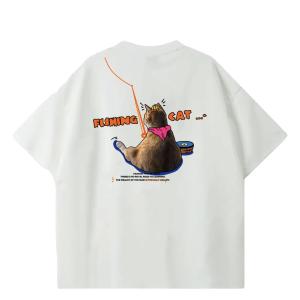 Summer Heavyweight Non-Lightweight 240g Cartoon Cat Fishing Print Pure Cotton Short Sleeve Mens T-Shirt White Versatile Half Sleeve